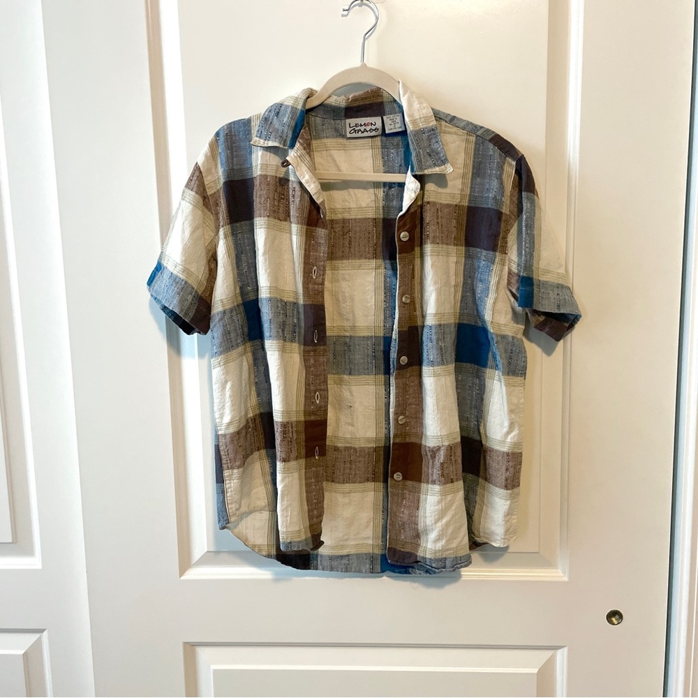 Vintage Plaid Casual Short Sleeve Button Down Collared Shirt Lemon Grass